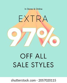 Extra 97% off all sale styles in stores and online, Special offer sale 97 percent discount 3D number tag voucher vector illustration. season label summer sale coupon promo banner holiday