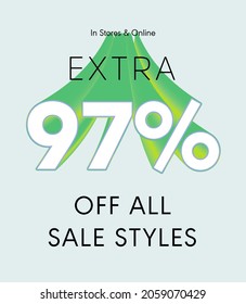 Extra 97% off all sale styles in stores and online, Special offer sale 97 percent discount 3D number tag voucher vector illustration. season label summer sale coupon promo banner holiday