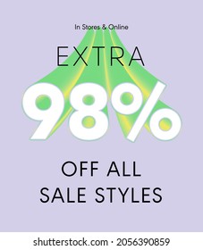 Extra 98% off all sale styles in stores and online, Special offer sale 98 percent discount 3D number tag voucher vector illustration. season label summer sale coupon promo banner holiday
