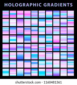 Extra big set of 80 holographic linear  gradient swatches for design. Vaporwave style.