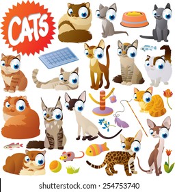 Extra big set of vector isolated cartoon comic cute funny cats