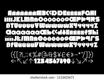 Extra bold and round geometric font, uppercase and lowercase letters, numerals, contrast light symbols and punctuation for print, art, illustration, graphic design and advertising