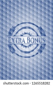 Extra Bonus blue emblem or badge with abstract geometric polygonal pattern background.