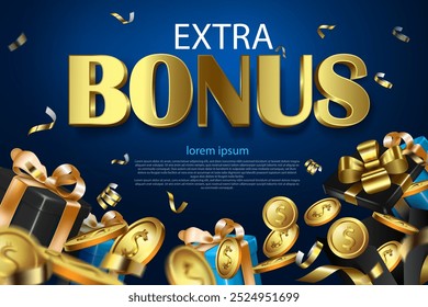 extra bonus business advertising and announcement background gift box and golden coins decorative digital geometric dark blue banner vector illustration.