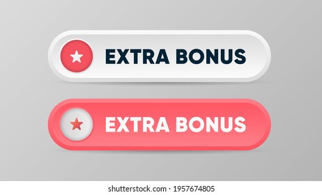 Extra bonus button with star sign. Red and white button in 3d style. Vector illustration.