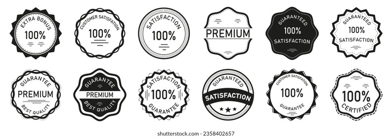 Extra bonus, customer satisfaction, premium quality, certified badge label in retro style. Promotion sticker collection