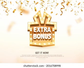 Extra bonus gift box with golden retro board broadway sign vector illustration. Winning celebration on light background