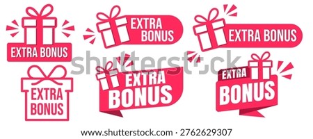 Extra Bonus Gift boxes with ribbon icons black Set. Gift box badge in Trendy Flat style. Surprising gift boxes label, Gift wrapping sticker, Christmas box icon. Vector Illustration.