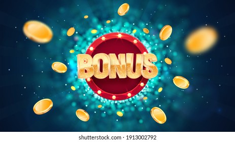 Extra bonus gold text on retro red board vector banner. Win prize congratulations illustration for casino or online games. Explosion coins  on dark blue background with blur motion effect