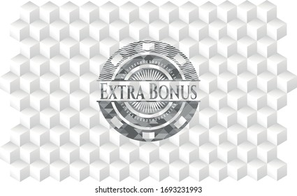 Extra Bonus grey badge with geometric cube white background. 