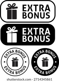 'Extra bonus' label and badge set with gift box icons. Collection of black and white buttons, rounded labels, and circular seals in flat design style. Vector illustration 