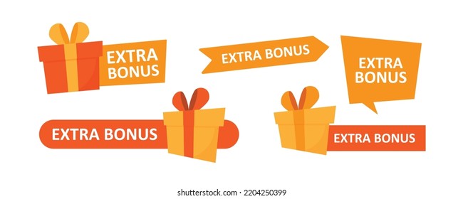 Extra Bonus Label for promo design. Extra bonus label, sticker or tag with gift box icon. Sale and promotion design element with free prize.