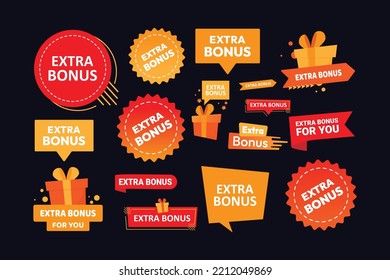 Extra Bonus Label for promo design. Extra bonus label, sticker or tag with gift box icon. Sale and promotion design element with free prize.	