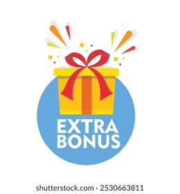 Extra Bonus Label para diseño promocional. Descuento, Anuncio sorpresa. Bono extra, Ilustración vectorial con un regalo. Anuncio de Web moderno, elemento con regalo sorpresa