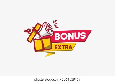 Extra bonus label vector design for sales promo with megaphone icon symbol in trendy style gift box