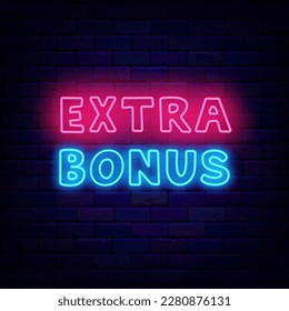 Insignia de neón extra. Supersorpresa en la pared de ladrillo. Etiqueta de casino y lotería. Logotipo brillante. Concepto de oferta especial. emblema de felicitaciones. Ganador y diseño de bingo. Ilustración de material vectorial