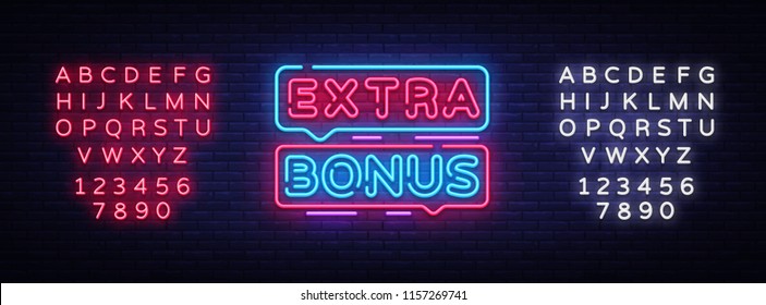 Extra Bonus neon sign vector. Bonus neon text Design template neon sign, light banner, signboard, nightly bright advertising, light inscription. Vector Illustration. Editing text neon sign