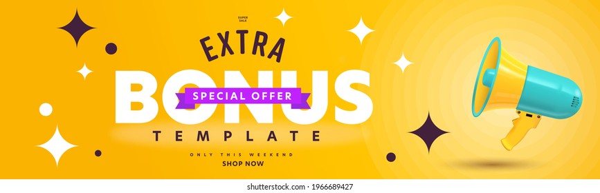 Extra Bonus Offer During Super Sale Campaign Announcement. Header Banner Template Design With Promotion Text And Megaphone. Special Shop Now Proposition Only On Weekend Vector Illustration