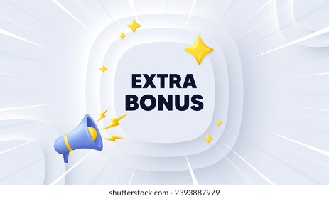 Extra bonus offer tag. Neumorphic banner with sunburst. Special gift promo sign. Sale promotion symbol. Extra bonus message. Banner with 3d megaphone. Circular neumorphic template. Vector