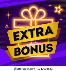 Afiche extra extra, banner, volante o folleto sobre un fondo morado, se puede usar como pegatina o diseño de etiqueta. Plantilla de señalización de caja de regalo para compras, regalos, cumpleaños, fiesta. 