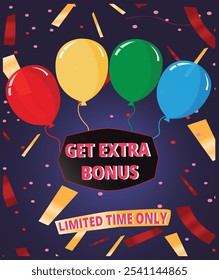 Extra bonus sale flyer with colorful balloons and ribbons on blue
