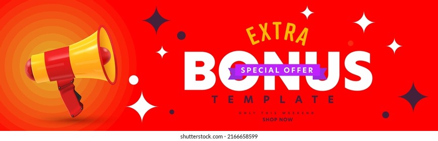 Extra bonus special offer advertisement banner. Sale event template design with megaphone. Retail shopping promotion banner vector illustration