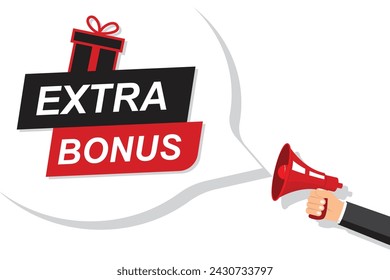 Extra Bonus", text in a speech bubble and a red megaphone in hand. Flat vector illustration.