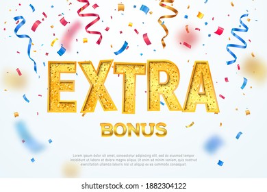 Extra bonus word on falling down confetti background. Discount vector illustration