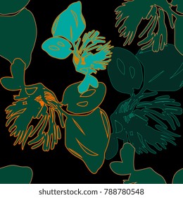 Extra bright color vintage spring  flower botanic textile pattern.  Nifty gentle  effect clover tropical herb. Bright  glitch effect print for wallpaper on black background. Obscure lily blooms. 
