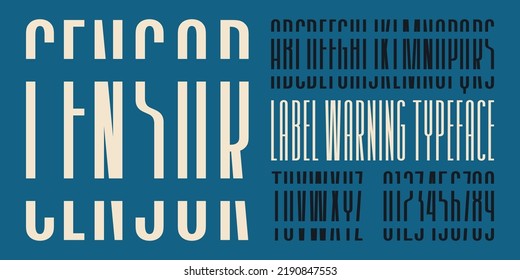 Extra condensed cross out sans serif font for label design. Vector illustration