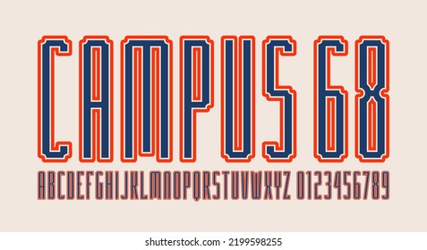 Extra condensed sans serif font with contour in sport style. Letters and numbers for logo and label design