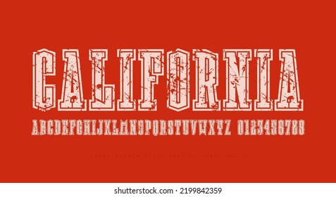 Extra condensed serif font in sport style. Letters and numbers with contour and vintage texture for logo and label design