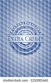 Extra Credit blue emblem or badge with geometric pattern background.