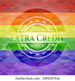 Extra Credit emblem on mosaic background with the colors of the LGBT flag