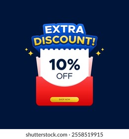 Extra discount 10 percent off in red envelope with shop now button . Vector design for promo, marketing, web, marketplace or social media.
