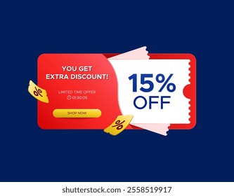 Extra discount 15 percent off in red color with limited time offer and flying coupon. Vector design for promo, marketing, promotion, web, marketplace or social media.