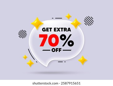 Extra discount chat speech bubble. Social media concept. Get Extra 70 percent off Sale. Discount offer price sign. Special offer symbol. Save 70 percentages. 3d sparkles chat bubble. Vector