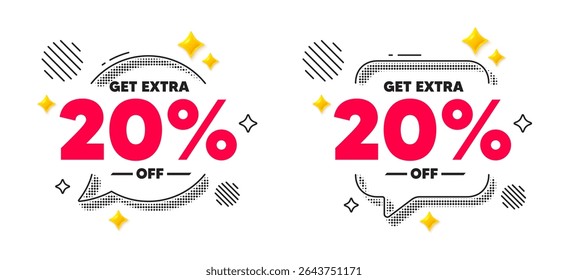 Extra discount chat speech bubble. Social media concept. Get Extra 20 percent off Sale. Discount offer price sign. Special offer symbol. Save 20 percentages. 3d flare stars chat bubble. Vector