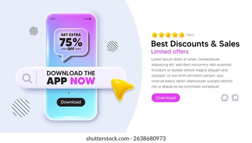 Extra discount mobile phone banner. App chat speech bubble. Get Extra 75 percent off Sale. Discount offer price sign. Special offer symbol. Save 75 percentages. Phone template with search bar. Vector