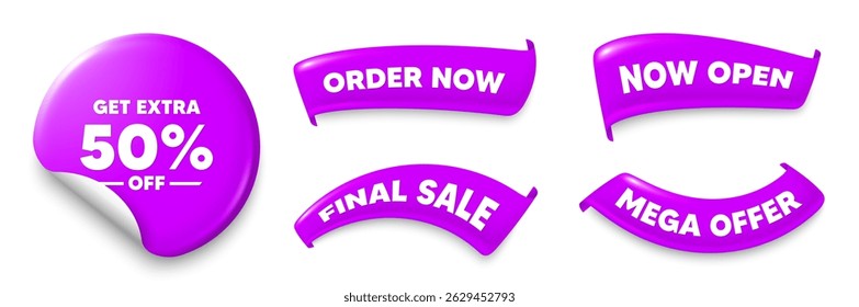 Extra discount purple sticker, Sale offer ribbons. Final sale, Order now. Get Extra 50 percent off Sale. Discount offer price sign. Special offer symbol. Save 50 percentages. Sticker badge. Vector