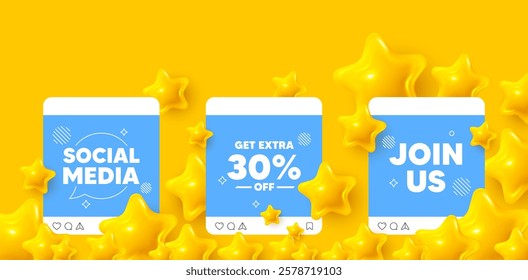 Extra discount social media post. Join us template mockup. Get Extra 30 percent off Sale. Discount offer price sign. Special offer symbol. Save 30 percentages. Like, comment and share icons. Vector