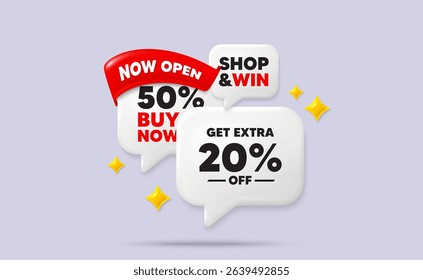 Extra discount speech bubbles. Now open flag ribbon. Get Extra 20 percent off Sale. Discount offer price sign. Special offer symbol. Save 20 percentages. Discount chat bubbles with 3d sparkles. Vector