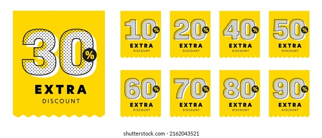 Extra discount sticker label set. Discount label with 30, 10, 20, 40, 50, 60, 70, 80, 90 percent off. Price reduction with different discount amount. Sale label vector illustration svg