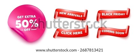 Extra discount sticker, offer ribbons. Black friday, coming soon. Get Extra 50 percent off Sale. Discount offer price sign. Special offer symbol. Save 50 percentages. Pink sticker tag. Vector