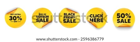 Extra discount sticker tag. 50 percent discount, Black friday paper price banners. Get Extra 30 percent off Sale. Discount offer price sign. Special offer symbol. Save 30 percentages. Vector