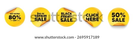 Extra discount sticker tag. 50 percent discount, Black friday paper price banners. Get Extra 80 percent off Sale. Discount offer price sign. Special offer symbol. Save 80 percentages. Vector