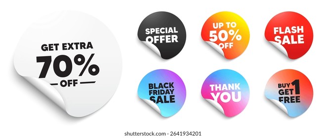 Extra discount sticker tag. Special offer paper price tags. Get Extra 70 percent off Sale. Discount offer price sign. Special offer symbol. Save 70 percentages. Discount, black friday sticker. Vector