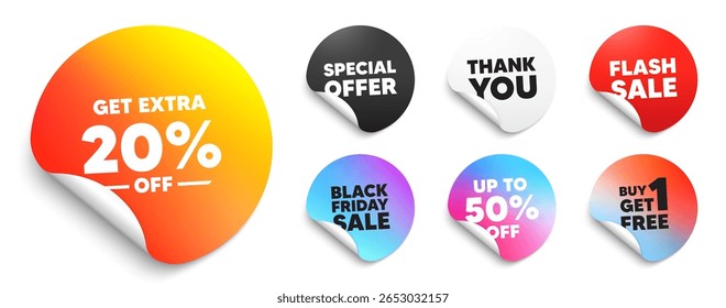 Etiqueta de etiqueta de desconto adicional. etiquetas de preço em papel de oferta especial. Ganhe 20% extra de desconto. Sinal de preço de oferta de desconto. Símbolo de oferta especial. Economize 20 porcentagens. Desconto, adesivo de sexta-feira preta. Vetor