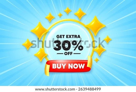 Extra discount sunburst ray banner. Buy now flag ribbon. Get Extra 30 percent off Sale. Discount offer price sign. Special offer symbol. Save 30 percentages. 3d stars glitter. Red ribbon tag. Vector