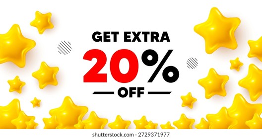 Banner vencedor com desconto extra com estrelas 3d. Estandarte das estrelas douradas. Ganhe 20% extra de desconto na venda. Sinal de preço de oferta de desconto. Símbolo de oferta especial. Poupe 20 porcentagens. Antecedentes da taxa de revisão. Vetor